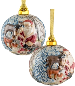 Hand Sculptured and Painted Santa with Reindeer Porcelain Ball