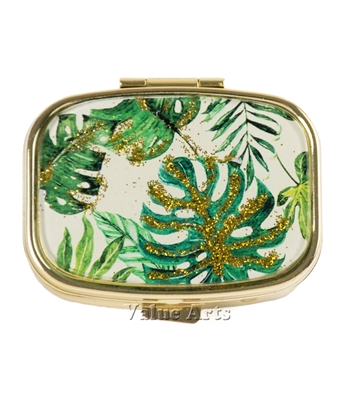 Tropical leaves Pill Box with Gold Sparkling Metallic