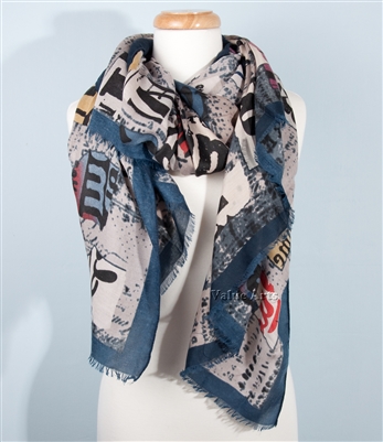 Printed Scarf with Blue Border