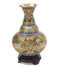 Vintage Gold Cloisonne Flower Vase with Wood Stand