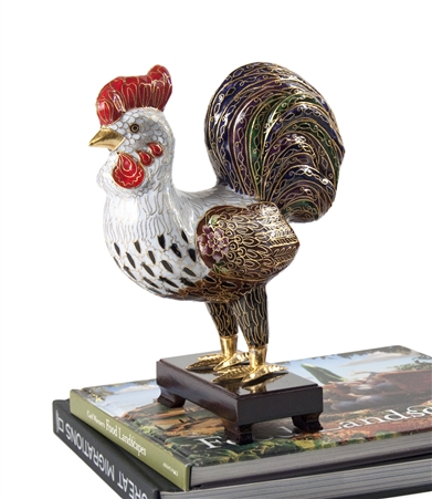 Cloisonne Rooster On wood Stand