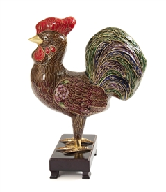 Cloisonne Rooster On Wood Stand