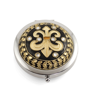 Cloisonne Fleur De Lis Round Compact Mirror /Crystal Accent