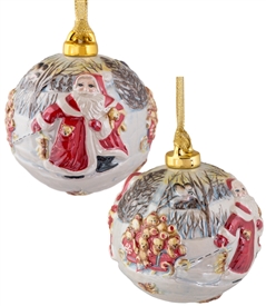 Hand Sculptured and Painted Santa with Teddy Bear Porcelain Ball