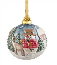 Hand sculptured and Painted Snowman Porcelain Ball Ornament