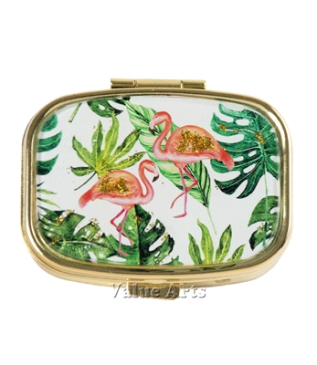 Flamingo Pill  Box with Gold Sparkling Metallic