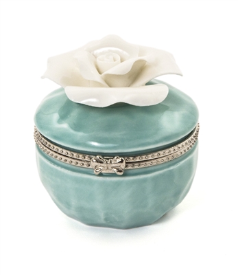 Porcelain Rose Hinged Trinket Box / Aquamarine