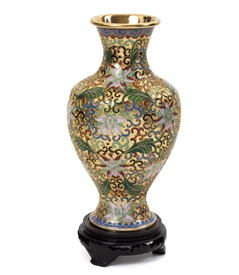 Vintage Gold Cloisonne Flower Vase with Wood Stand