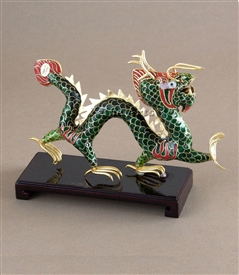 Cloisonne Green Dragon on Wood Stand
