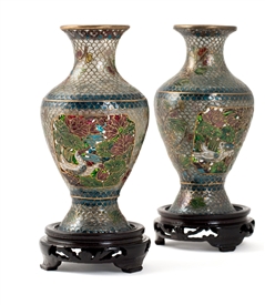 Plique-a-Jour Pair of Vases on Wood Stand