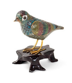 Plique-a-Jour Pair of Bird on Wood Stand